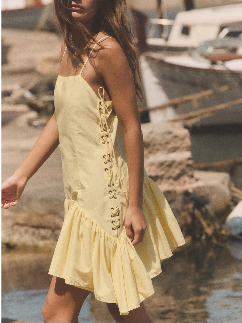 NWT Zara Ruffled Poplin Dress with Drawstrings Light Yellow S